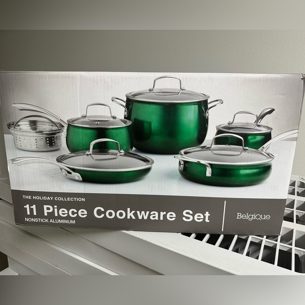 Belgique 11 Piece Nonstick Aluminum Cookware Set Emerald Green Glass Lids